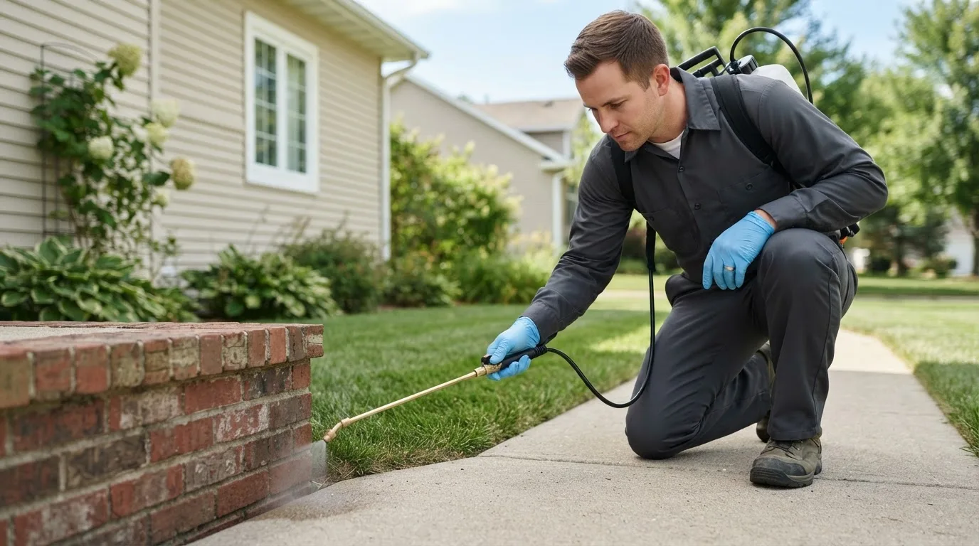 Pest control technician treating a home near Kramer, ND