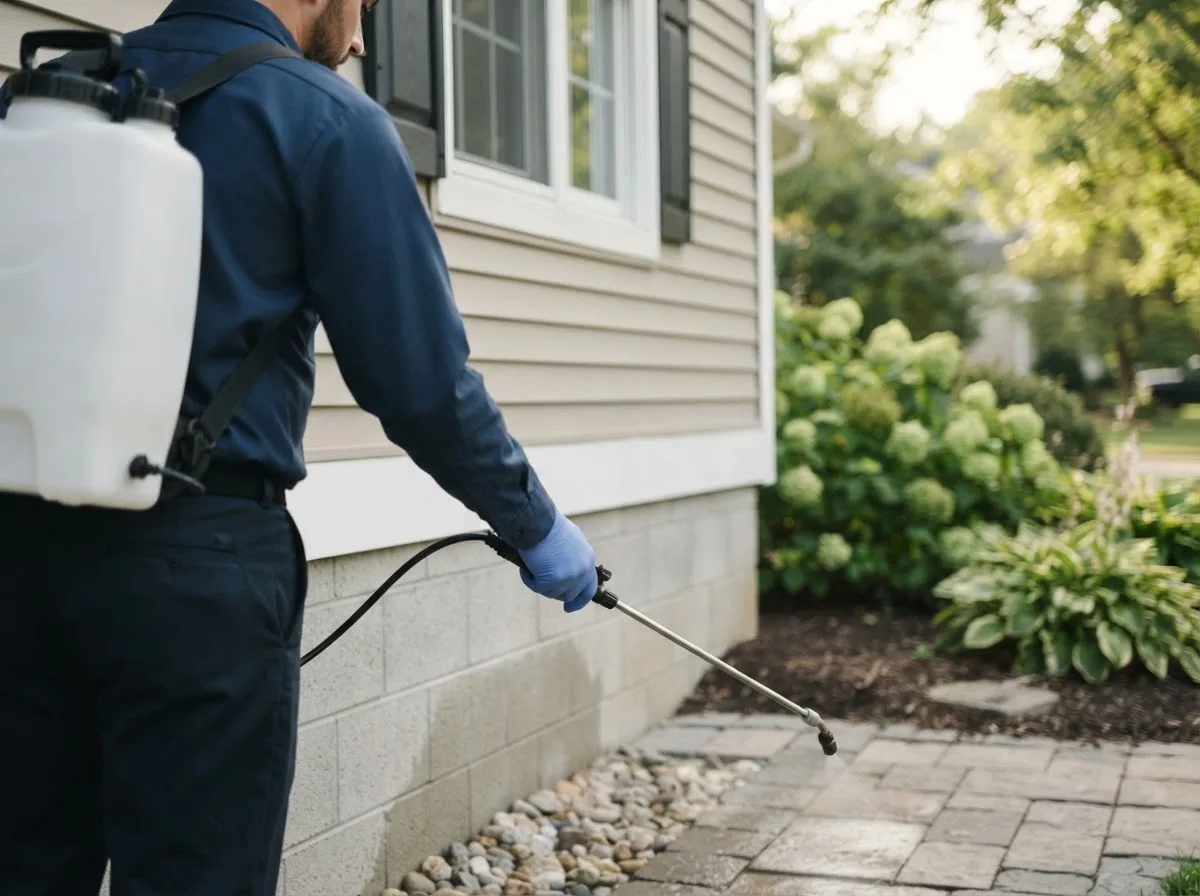 Pest control technician inspecting a home in Kramer, ND